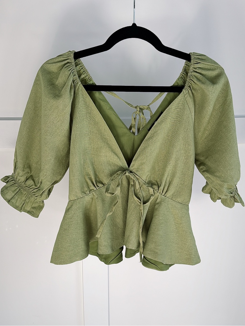 7 For All Mankind Linen Olive Green Tie-Front Peplum Blouse